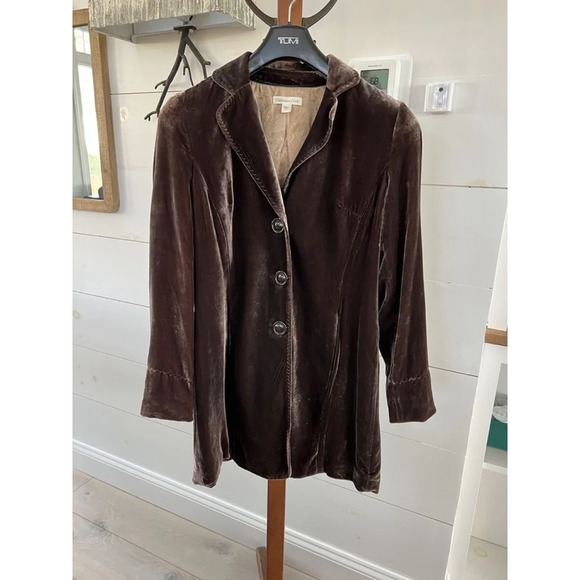 Coldwater Creek 14 L Brown Poet Lux Long Velvet A-Line Button Down Coat silk - Picture 1 of 3